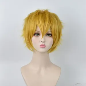 Golden short cosplay wig synthetic hair anime character styling universal main view display