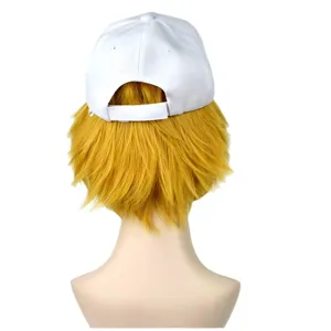Cosplay blonde short hair wig with white baseball cap for anime fans role play party.