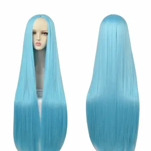 Lange steil lichtblauwe cosplay pruik 100cm middenscheiding anime haar voor feest.