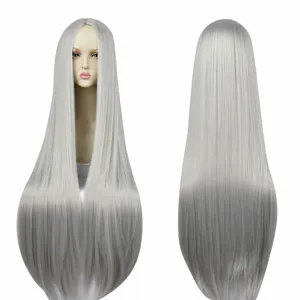 Lange steile zilver-witte cosplay pruik, 100cm synthetisch haar voor anime kostuums.