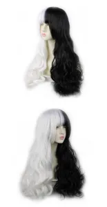 Black and white split long wavy cosplay wig, detailed view of dual-tone synthetic hair.