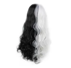 Detailed view of the half black and white long wavy cosplay wig, showing texture and split color.