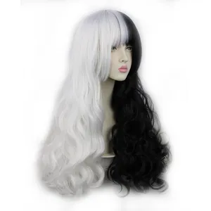 Black and white split long curly cosplay wig with bangs, perfect for anime costume party.