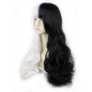 Black and white long wavy cosplay wig for women, perfect for anime character styling and daily wear.