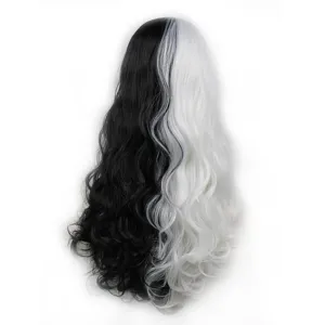 Black and white split long curly cosplay wig for anime costume parties and events.