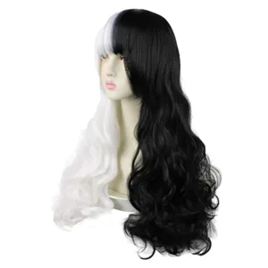 Black and white split long curly cosplay wig for women, heat resistant synthetic hair.