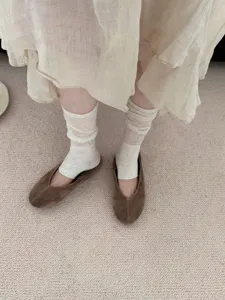 Spring summer thin stacked sock covers with brown suede ballet flats, Korean style.