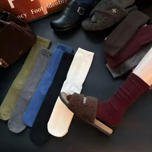 Vintage ribbed knit mid-calf socks for women, retro textured floral cotton socks.