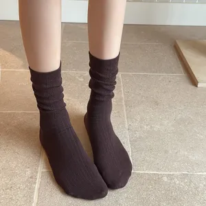 Retro brown ribbed crew socks for women, vintage stacking knit hosiery stylish casual