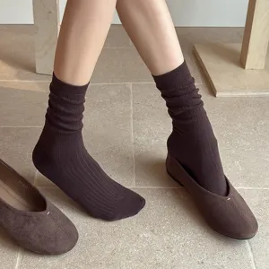 Retro hollow mid-calf socks for women, vintage spring autumn style knit warm hosiery.