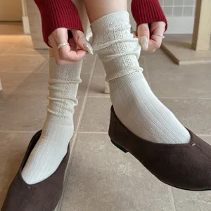 Retro hollow mid-calf socks for women, spring and autumn wheat pattern knit cozy stacking socks.