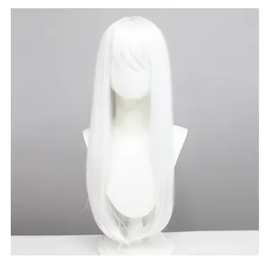 Witte lange strakke pruik detailweergave, hittebestendig synthetisch haar voor cosplay evenement.