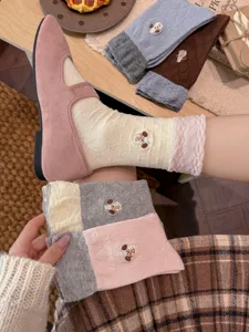Chaussettes mi-hautes en coton brodées de chiots mignons pour femmes double aiguille doux automne