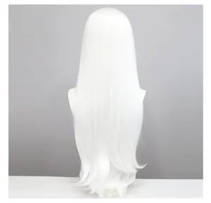 Gedetailleerd overzicht witte lange cosplay pruik, synthetisch haar voor verkleedfeestjes.