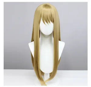 Detail lang blond synthetisch cosplay pruik, hoogwaardige hittebestendige vezel voor anime.