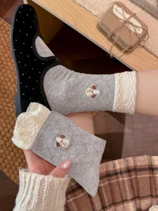Jolies chaussettes femme coton broderie chiot mignon hiver douillet confortables mode