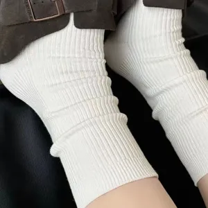 Calzini in cotone a coste bianche, comode calze invernali da donna, modello tinta unita.