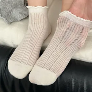 Close-up detail of women summer breathable mesh short socks with lettuce edge and cute design.