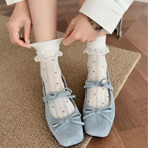 Women Sweet Polka Dot Lace Ruffle Mid Calf Socks Breathable Cotton Thin Casual Cute Fashion Hosiery Spring Summer