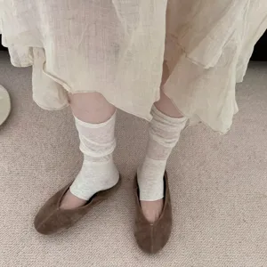 Korean style sheer stacked sock covers with brown ballet flats, thin spring summer comfort.