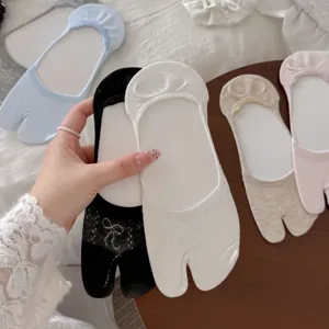 Summer thin tabi split toe low cut invisible socks with cute bow details for women