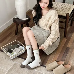 Calze medie da donna con ricamo cucciolo stile coreano cotone autunno inverno morbide