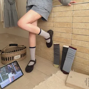 Retro collegestijl kleurblok gestreepte middelhoge sokken Koreaanse stijl casual stapelsokken