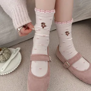 Sweet embroidered bear slouch socks with lettuce edge and cute heart patterns for women.