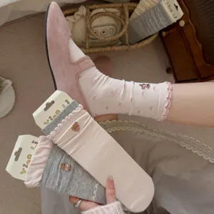 Sweet cute ruffle bow heart mid-calf socks with bear embroidery for women pink grey