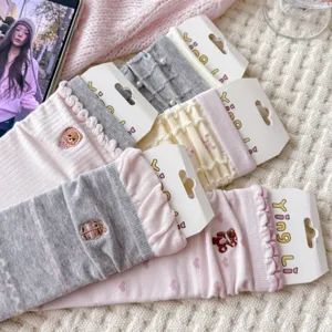 Cute sweet pink bear embroidered ruffle mid-tube socks for women cozy daily wear detail