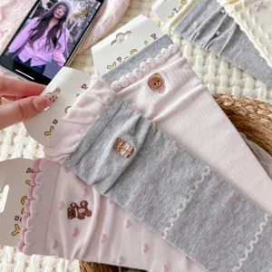 Sweet ruffle bow socks cute bear embroidered mid-tube hosiery cozy pink knit socks for women