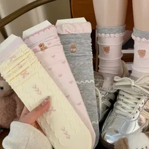 Women's Sweet Japanese Style Combed Cotton Crew Socks Cute Cartoon Bear Bowknot Ruffle Cuff Casual Daily Socks