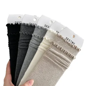 Women solid color ruffles mid-calf cotton socks autumn stacking socks casual wear