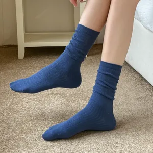 Dark blue retro slouch socks detail view, featuring textured knit and comfortable mid-calf fit.
