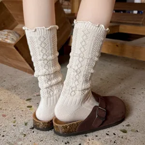 Calzini al Polpaccio Casual in Cotone da Donna con Pizzo Traforato Stile Coreano Tinta Unita