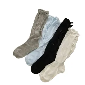 Women's ballet style knee high socks set cute bow decorations casual long stockings four colors