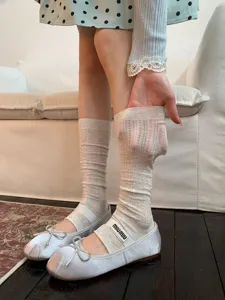 Comfortable white mesh ballet stirrup socks for women, breathable thin summer leg warmers.