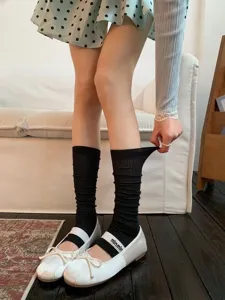 Summer thin mesh black mid-calf stacked socks for women, breathable ballet style casual daily wear.