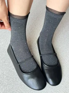 Grey polka dot crew socks with sheer organza ruffles, stylish women casual daily hosiery.