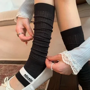 Black mesh slouch socks for women, breathable summer mid-calf leg warmers ballet style footwear
