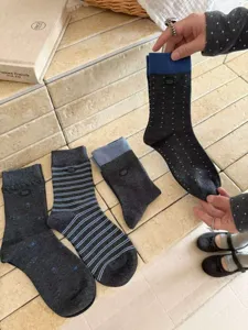 Calze medie stile preppy donna autunno blu grigio crepuscolo rigato pois calzini carini alla moda