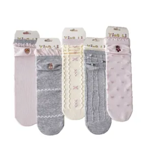 Sweet cute embroidered bear ruffles bow mid tube socks set for women five pairs pack