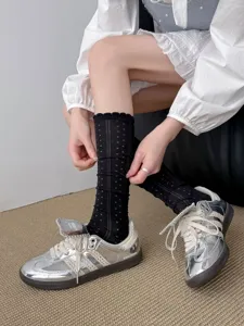 Schwarze transparente Polka-Dot-Netz-Wadenstrümpfe, atmungsaktive Socken für Damen Frühling.