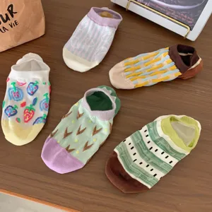 Women's Casual Cotton Short Socks Retro Color Blocking Boat Socks Invisible Anti Slip Socks