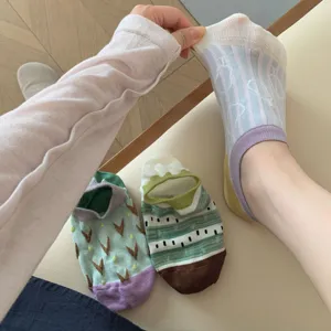 Women thin short boat socks Japanese style color block retro invisible cotton socks