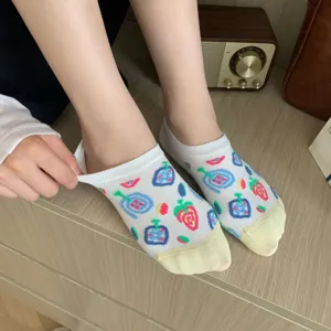 Women cute cotton low cut boat socks with colorful fruit pattern and contrast toe design
