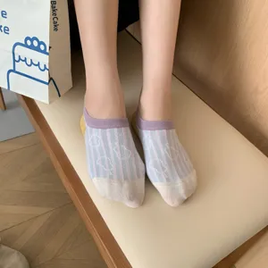 Detailed view of women's Japanese style striped low cut socks with contrast color and comfortable fit.