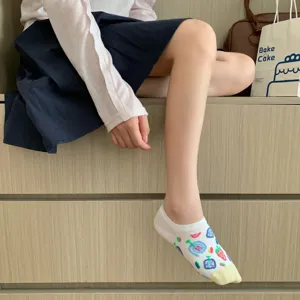Japanese style women white short boat socks with cute colorful embroidery and yellow toe design.