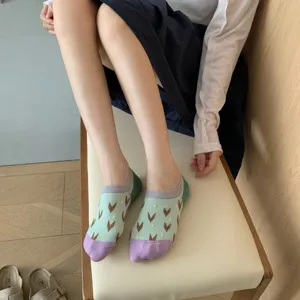 Japanese retro contrast color short socks for women, cute pattern low cut boat socks.
