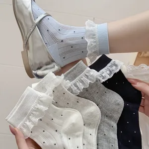 Women sheer polka dot lace ruffle mid tube socks sweet ballet style breathable daily socks